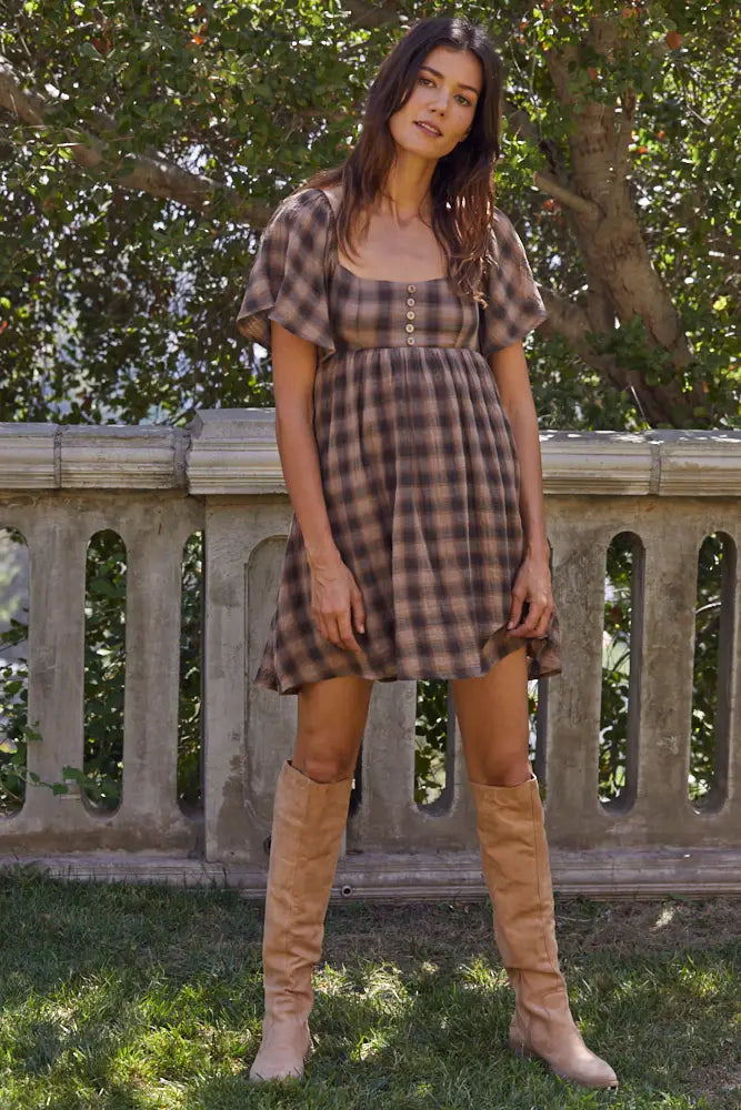 Addie Plaid Print Dress in Mocha Camino