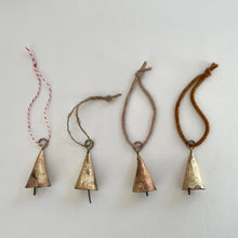 Load image into Gallery viewer, Cone tin brass bell holiday Christmas ornament twine jute: Cognac Suede-Like Cord