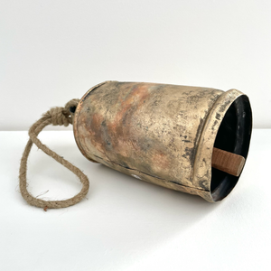 9 1/2" tin brass finish bell w/ wood striker jute hanger