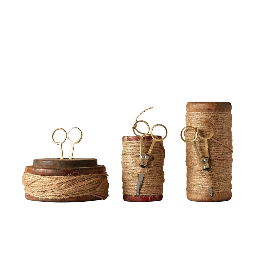 Found Wooden Spools with Jute and Scissors