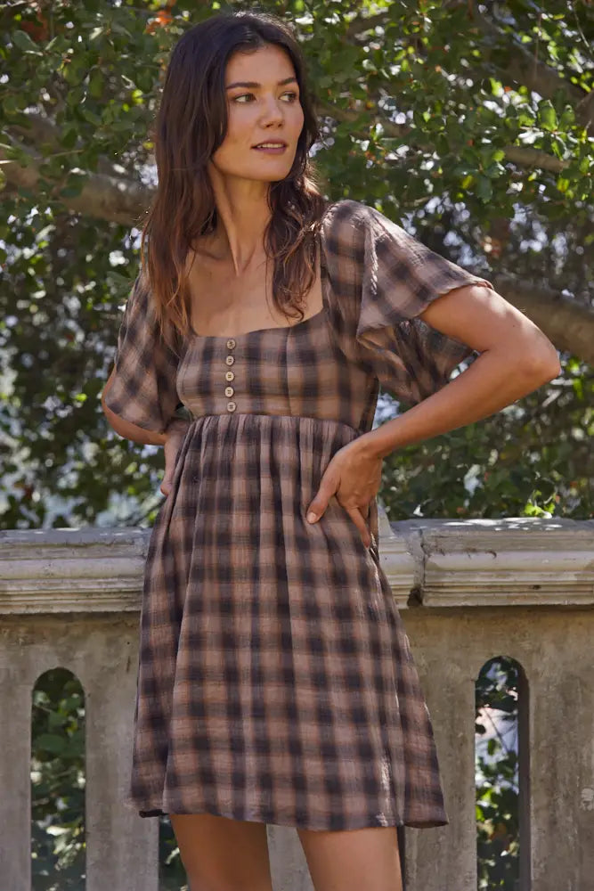Addie Plaid Print Dress in Mocha Camino