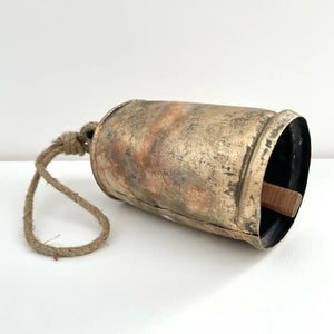 9 1/2" Tin Brass Finish Bell w/ Wood Striker Jute Hanger