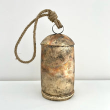 Load image into Gallery viewer, 9 1/2&quot; Tin Brass Finish Bell w/ Wood Striker Jute Hanger