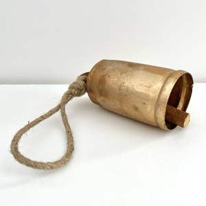 6 1/2" tin brass finish bell w/ wood striker jute hanger