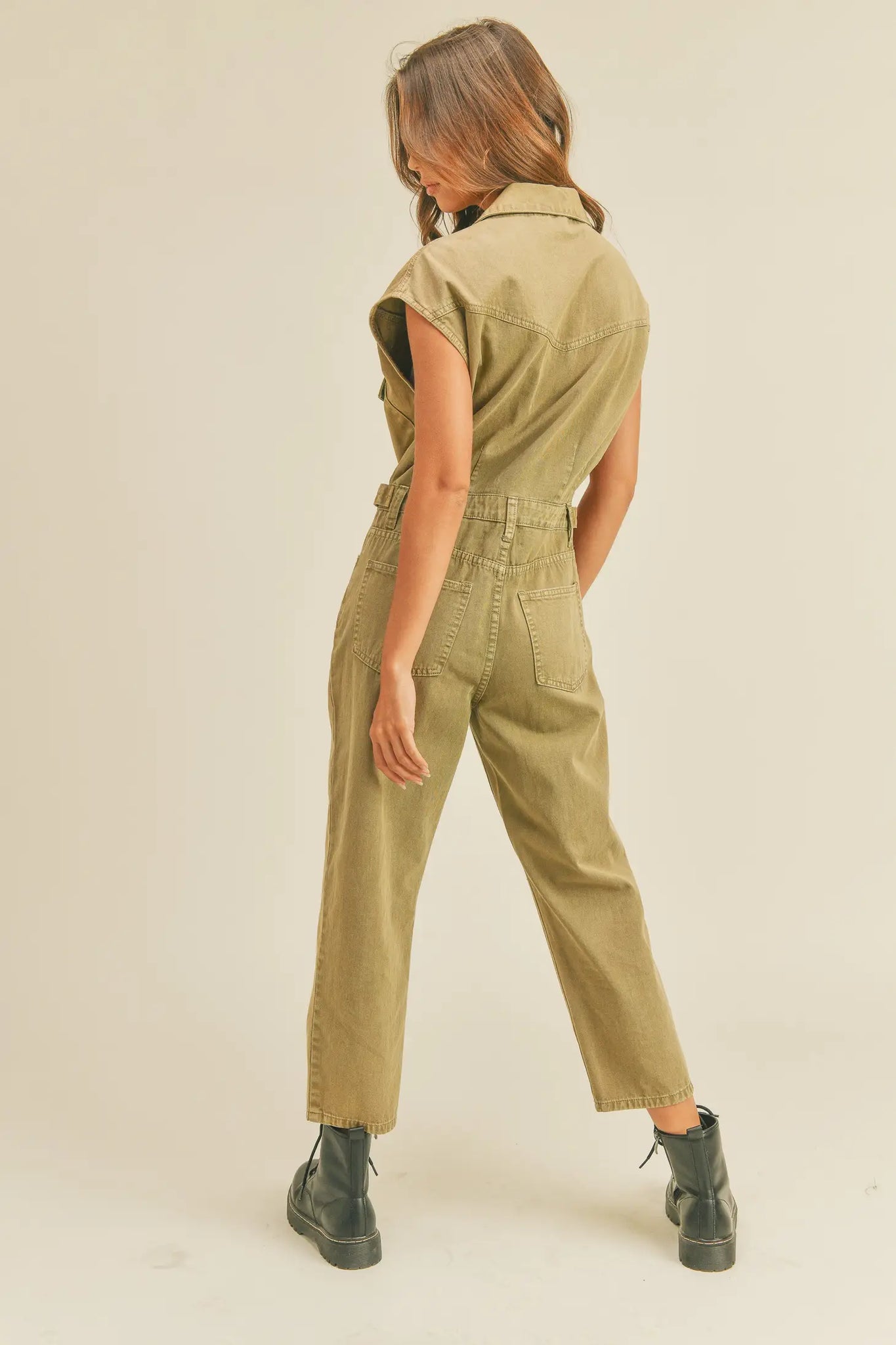 Olive Washed Cotton Utility Jumpsuit Camino