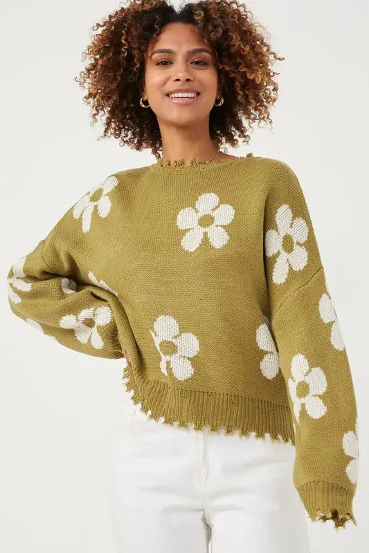 Distressed Floral Patterned Pullover Sweater
