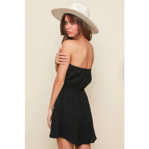 Strapless woven romper with flare bottom