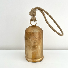 Load image into Gallery viewer, 6 1/2&quot; tin brass finish bell w/ wood striker jute hanger