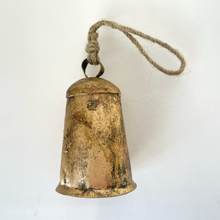 Load image into Gallery viewer, 4&quot; flared mermaid brass finish bell wood striker jute hanger