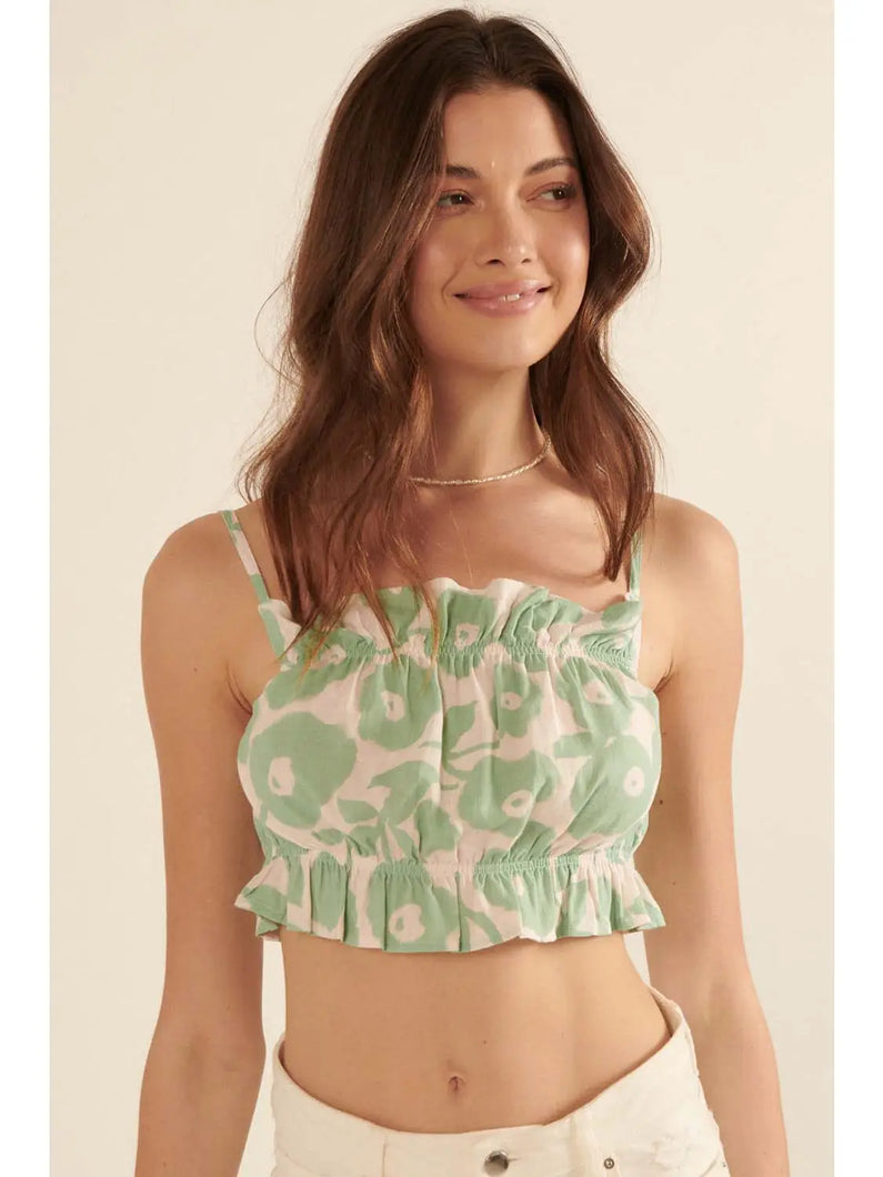 Seagrass Floral Straight Neck Ruffle Trim Cropped Cami Top