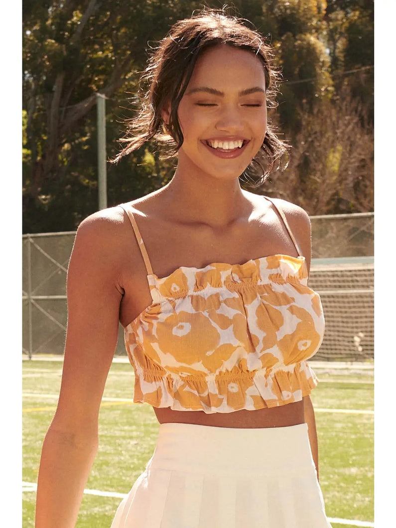 Orange Floral Straight Neck Ruffle Trim Cropped Cami Top