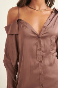 Satin Asymmetrical Collar Neck Mini Dress