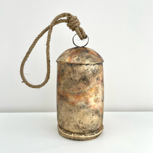 Load image into Gallery viewer, 9 1/2&quot; tin brass finish bell w/ wood striker jute hanger