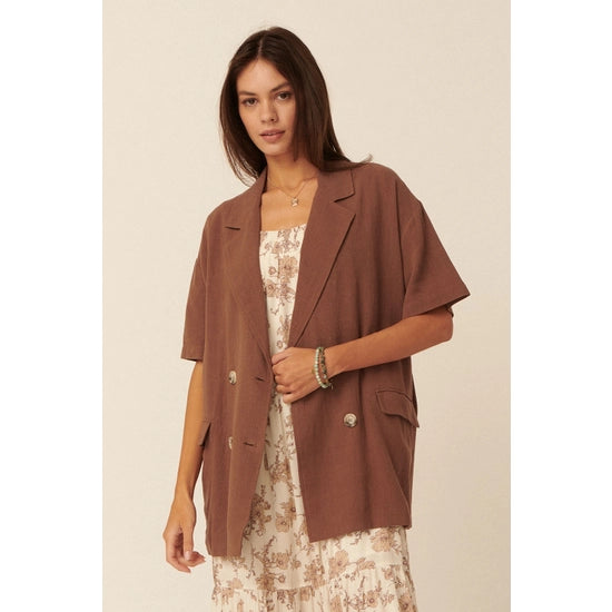 Solid Lapel Collar Two-Button Pocket Flap Blazer